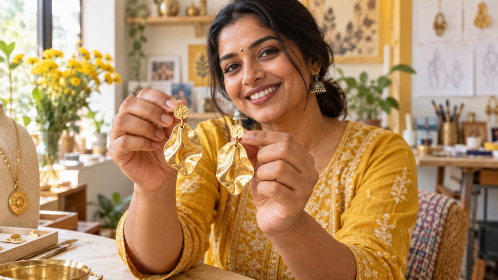 A seller presenting jewellery